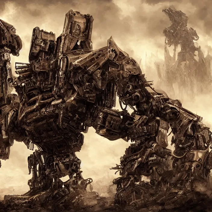 Prompt: human next to mech - warrior, hyper - detailed, sharp focus, 4 k ultra hd, fantasy dark art, apocalyptic art