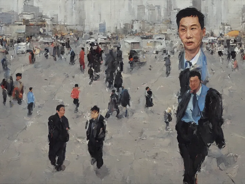 Prompt: ‘The Center of the World’ (Liu Xiaodong realist oil painting, large thick messy colorful brushstrokes) was filmed in Beijing in April 2013 depicting a white collar office worker. A man in his early thirties – the first single-child-generation in China. Representing a new image of an idealized urban successful booming China.