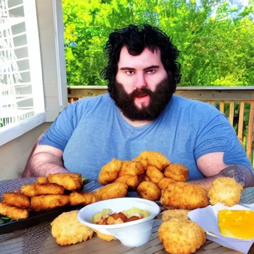 Image similar to heavy 2 0 year old, messy black hair, big beard, eating burgers, chicken nuggets, back porch table