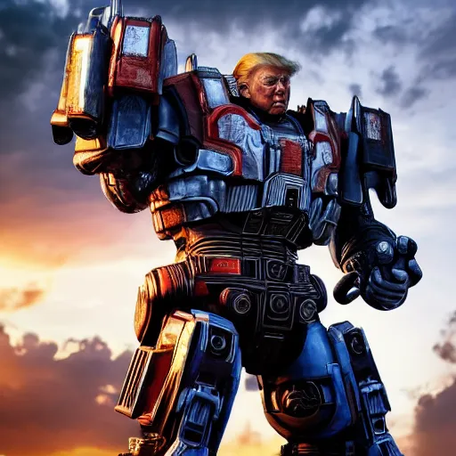 Prompt: donald trump! as optimus prime in ( gears of war ), transformers, splash art, maga!, patriot!, movie still, detailed face, photorealistic facial features, cinematic lighting, dramatic, octane render, long lens, shallow depth of field, bokeh, anamorphic lens flare, 8 k, hyper detailed, 3 5 mm film grain