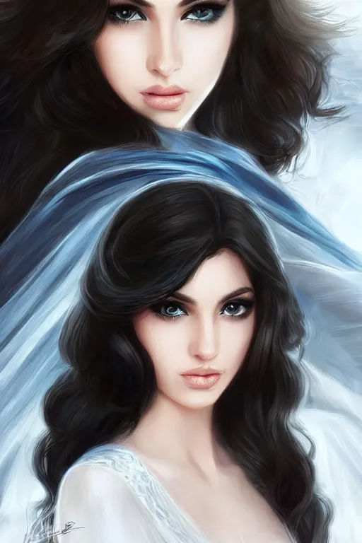 Image similar to Ameera al-Taweel, blue eyes, long wavy black hair, fierce look, white veil, closeup, focus face, elegant, highly detailed, centered, digital painting, artstation, concept art, art by artgerm