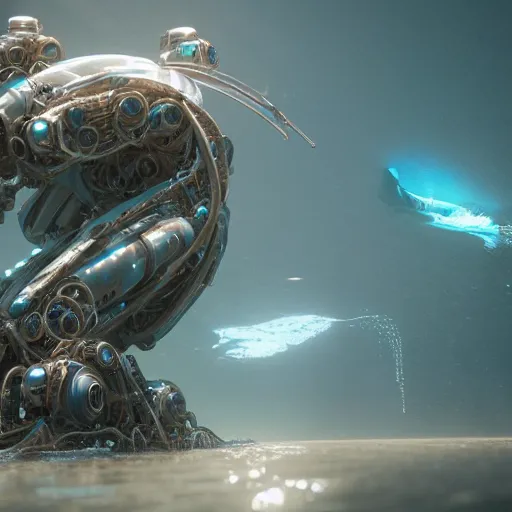 Prompt: biomechanical mecha white mermaid underwater, rays of light. Style of westworld, cables, lights, searchlight, weta digital, octane render, insane details, ultra realistic, beatifully lit, reflections