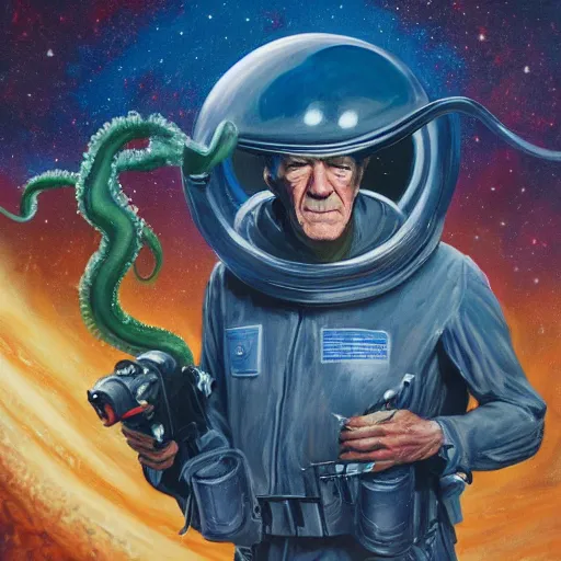 Prompt: painting of ian mckellen as terrorist from jupiter fighting an alien invasion in deep space, the aliens have long thick slimey amorphous tentacles, highly detailed, award painting, 8 k, alien landscape