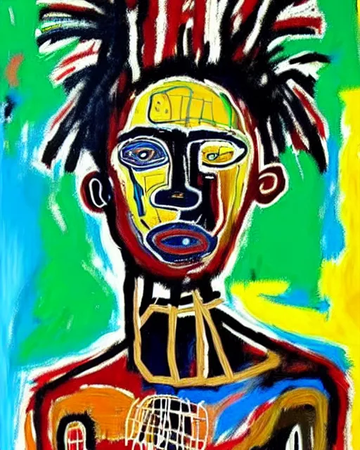 Prompt: stunning realistic portrait painting of a african warrior by jean - michel basquiat