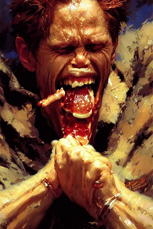 Image similar to willem dafoe screaming and crying while eating baked beans portrait dnd, painting by gaston bussiere, craig mullins, greg rutkowski, yoji shinkawa