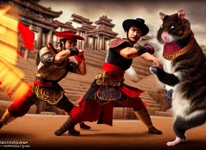 Prompt: hamster dressed as shao khan fights a cat dressed as kung lao in mortal kombat on the background of an ancient temple. fantasy magic style. highly detailed 8 k. intricate. lifelike. soft light. sony a 7 r iv 5 5 mm. cinematic post - processing