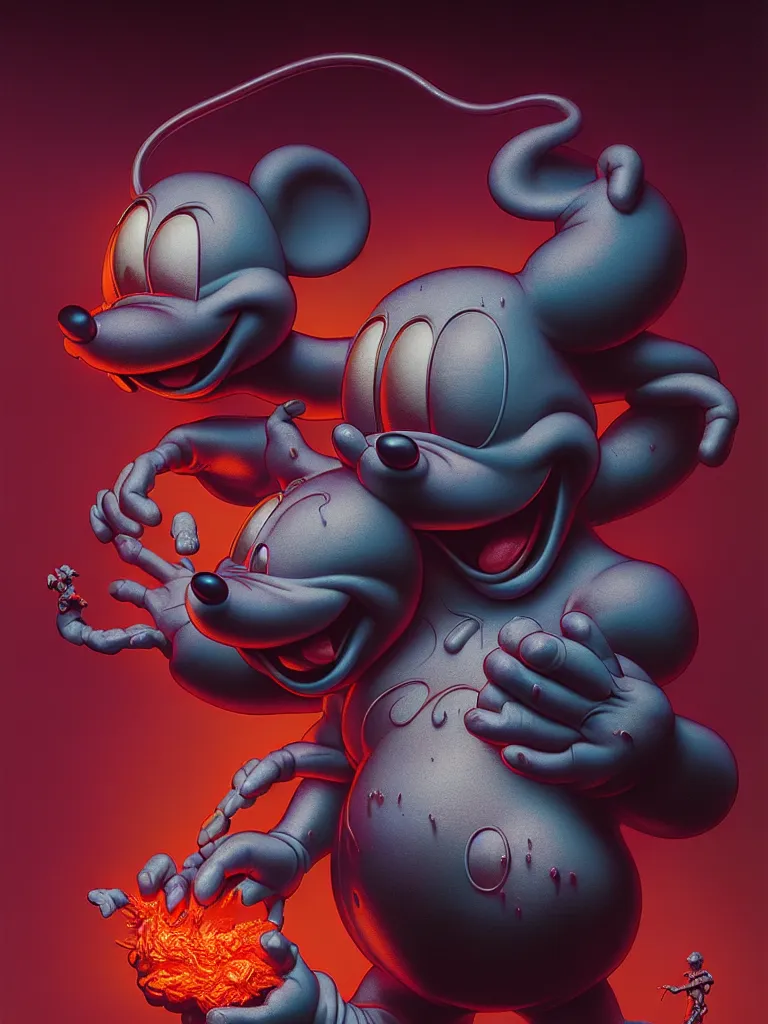 Image similar to hyperrealistic rendering, fat smooth john carpenter flesh monster mickey mouse by donato giancola and greg rutkowski and wayne barlow and zdzisław beksinski, product photography, action figure, sofubi, studio lighting, colored gels, colored background