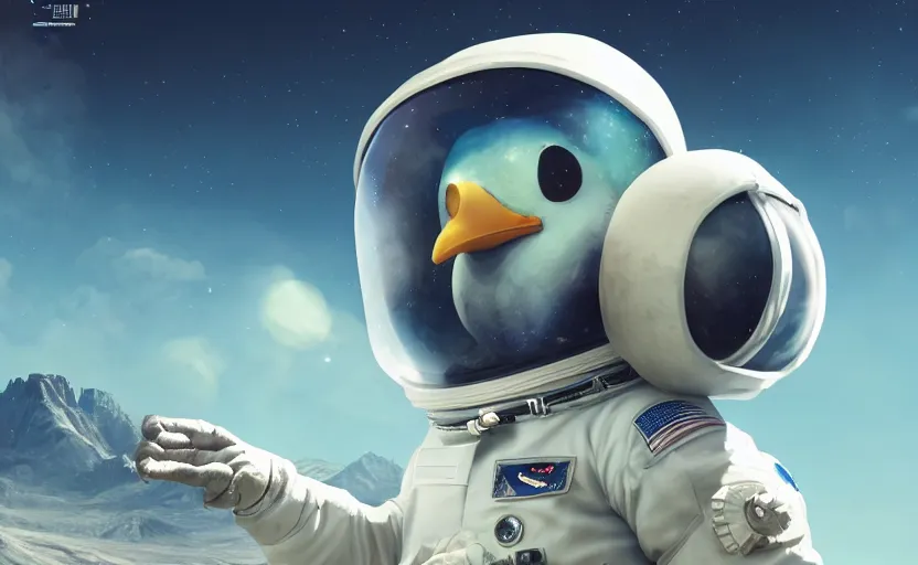 Image similar to a chicken wearing a astronaut suit in a alien planet, profile picture, digital art, concept art, trending on DeviantArt, highly detailed, high quality, 4K, cartoon, high coherence, path traced, blue sky in the background, octane render, digital painting, no helmet, masterpiece