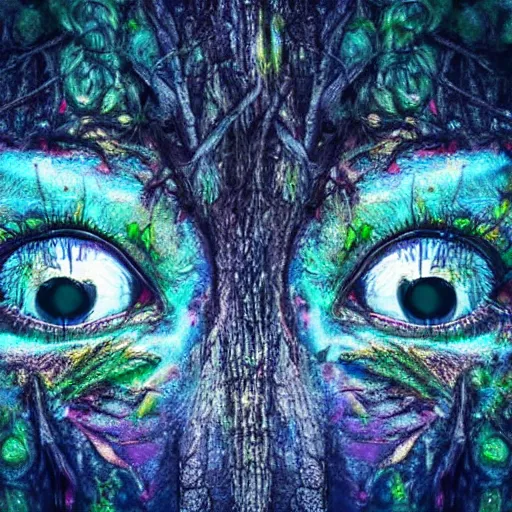 Image similar to forest, three eyed spirits, wide shot, vivid colors, eyes, ground very detailed, wet eyes reflecting into eyes reflecting into infinity, natural lighting