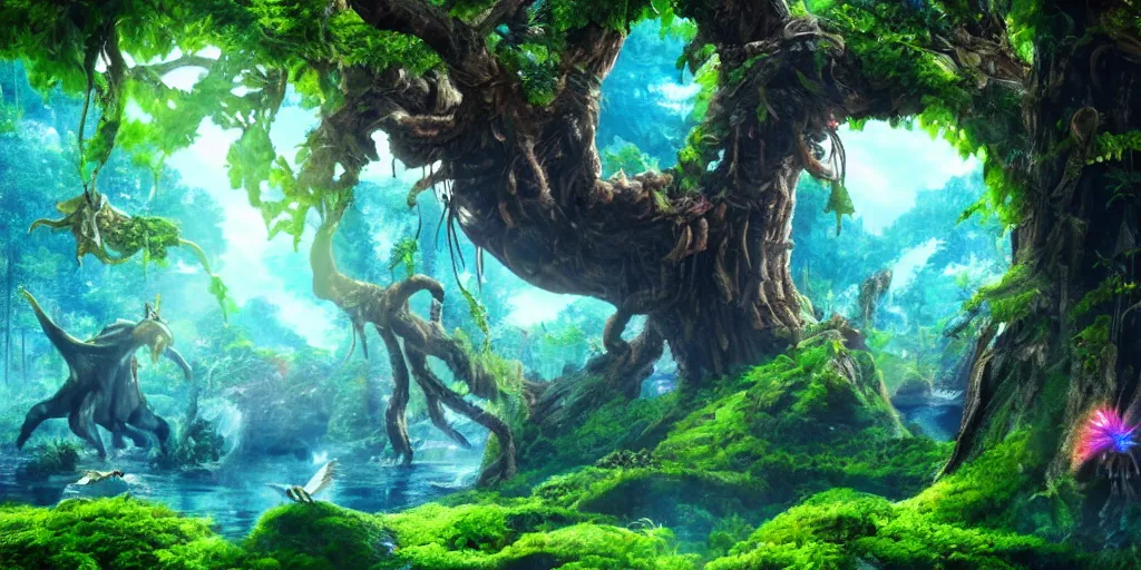 Image similar to navi planet from the movie avatar, landscape art, digital art, alien trees and animals