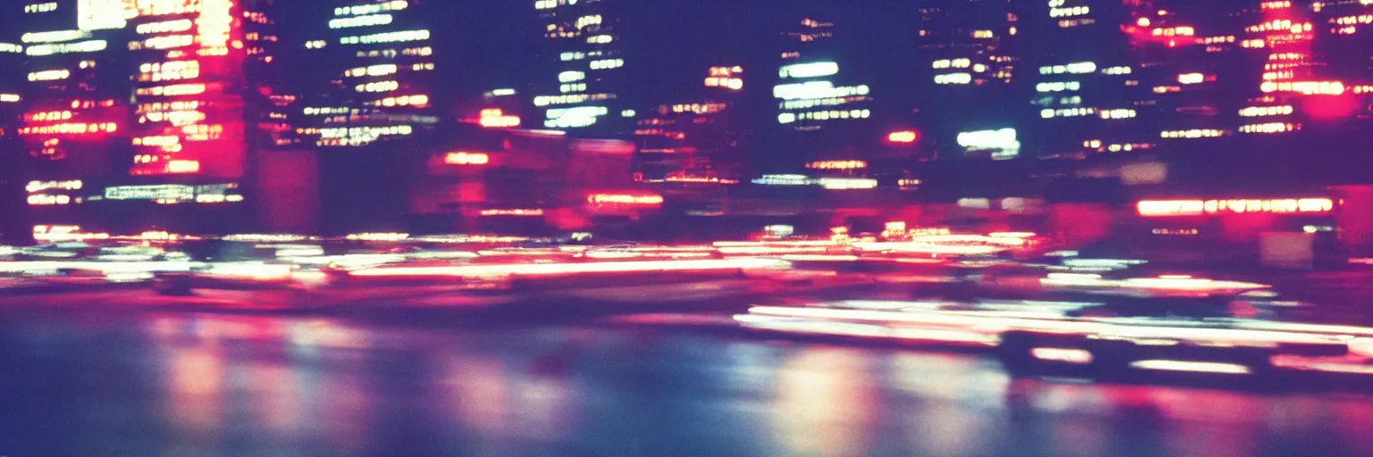 Image similar to 8 0 s neon movie still, high speed blurred traffic by the river with city in background, medium format color photography, movie directed by kar wai wong, hyperrealistic, photorealistic, high definition, highly detailed, tehnicolor, anamorphic lens