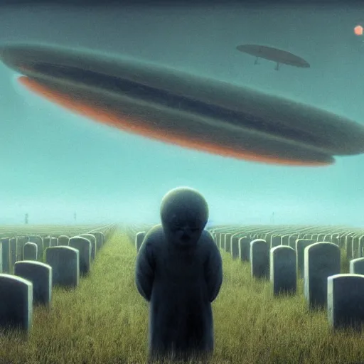 Image similar to a large field of tombstones with ufos invading on the horizon, beksinski, wayne barlowe, very coherent symmetrical artwork, cinematic, hyper realism, high detail, octane render, 8 k