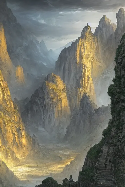 Image similar to a beautiful hyper realistic detailed matte painting of the entrance to a dungeon of the gods at the base of an ancient mountain, dramatic lighting, dynamic lighting, cinematic lighting, lit by morning light, by raphael lacoste and john howe and andreas rocha, unreal engine, featured on artstation, ultrawide angle, f 8, polarizer filter : 1 0