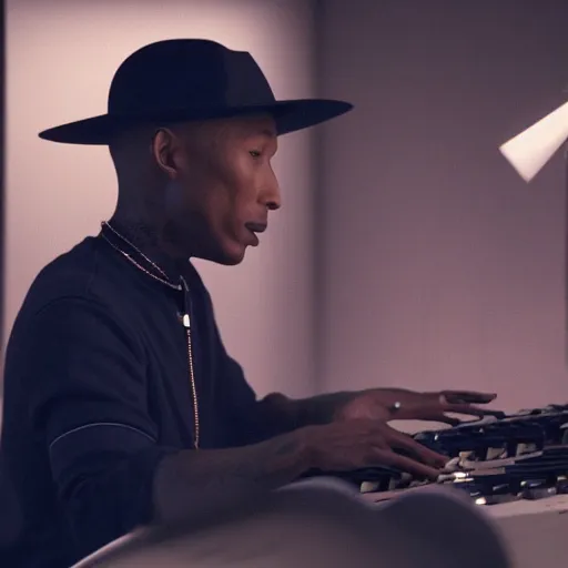 Image similar to cinematic film still of Pharrell Williams Making A Beat with an anthropomorphic alien, Japanese VFX, 2018, 400mm lens, f1.8, shallow depth of field,film photography