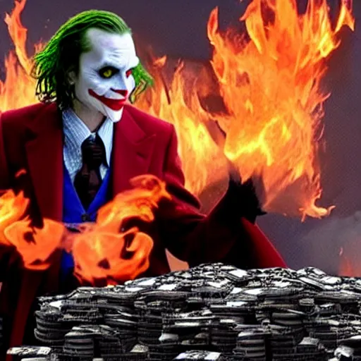 Prompt: Christian Bale as the Joker, burning huge pile of cash in front Christian Bale as Batman