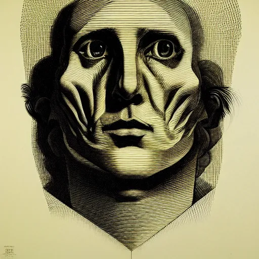 Image similar to lithography on paper conceptual figurative post - morden monumental portrait by goya and escher, illusion surreal art, highly conceptual figurative art, intricate detailed illustration, controversial poster art, polish poster art, geometrical drawings, no blur