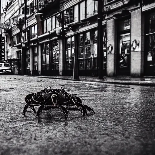 Image similar to Giant crab housed hd masterpiece lensraiblur rainy moody cityscene with crabs in trenchcoats, national geographic, instagram, High quality award winning photography by Netflix. This city once used to be my home, now its a crabtown where trenchcoats come a dime a dozen.