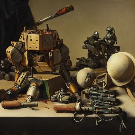 Image similar to Still life of a combat mech surrounded by its weapons, inspired by Pieter Claesz