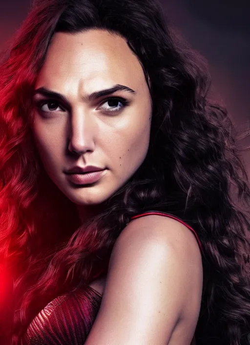 Prompt: a potrait of gal gadot as wanda maximoff in the movie Wanda Vision by Zack Snyder, 8k photorealistic, cinematic lighting, HD, high details, dramatic, trending on artstation, view from above