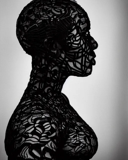 Prompt: a black woman's face in profile, made of intricate black lace skeleton, in the style of the dutch masters and gregory crewdson, dark and moody