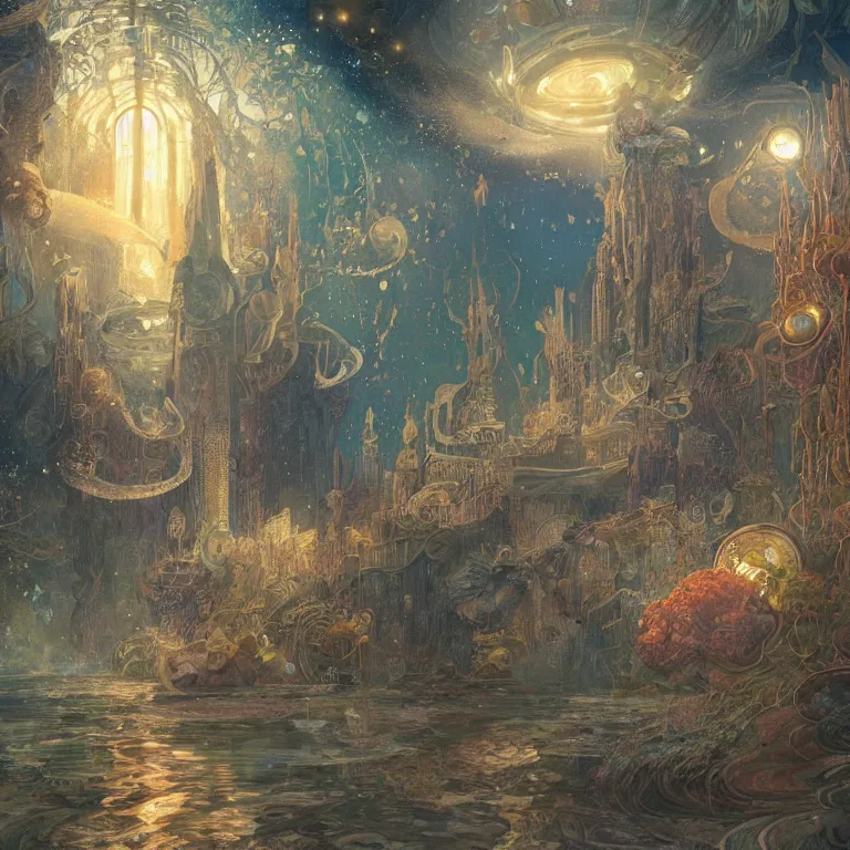 Image similar to a beautiful painting of the city of atlantis, underwater with glowing lights, corals and jellyfish, with the night sky with stars above, intricate, elegant, highly detailed, digital painting, artstation, concept art, by krenz cushart and artem demura and alphonse mucha