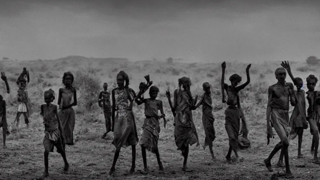 Image similar to 1984 Ethiopian famine and drought, moody and dark movie scene, illustrative, hd, 4k, wide shot