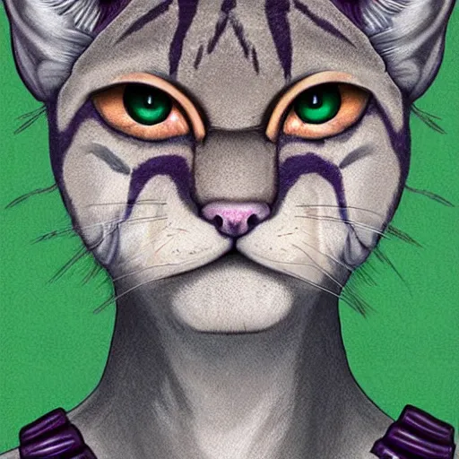 Image similar to d & d style, upper body portrait, tabaxi male, wearing studded leather, left eye green, right eye purple.
