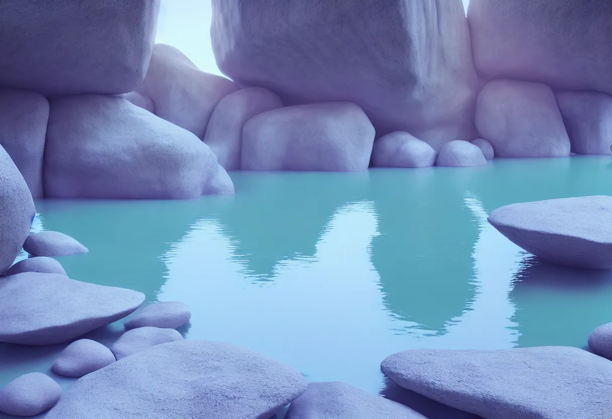 Image similar to inside of alien lush lake landscape of human mind and imagination, big rocks and pebbles in pastel light blue colors, matte painting, beautiful render, octane render, concept art