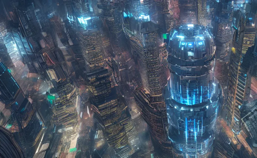 Image similar to A cyberpunk arcology, megastructure, aerial shot, 8k wide angle