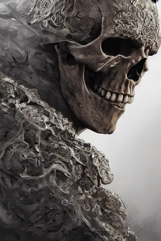 Image similar to skull, close - up portrait, powerful, intricate, elegant, volumetric lighting, scenery, digital painting, highly detailed, artstation, sharp focus, illustration, concept art, ruan jia, steve mccurry