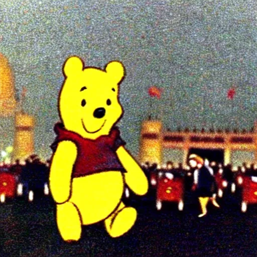 Prompt: grainy photo of winnie the pooh in tiananmen square massacre, tank man, masterpiece, by Jeff Widener