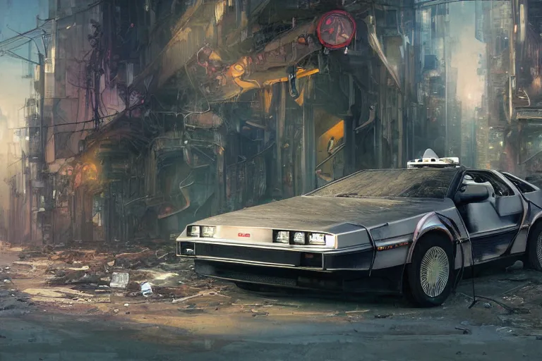 Image similar to photograph of the delorean driving down the streets of a cyberpunk abandoned city, by greg rutkowski, by stanley artgerm, by alphonse mucha