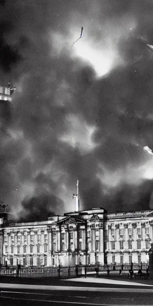 Prompt: the fall of the united kingdom, buckingham palace on fire at midnight