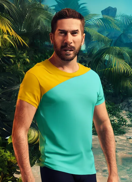 Image similar to 3 2 - year - old sporty man, short stubble, wearing tropical short sleeve shirt and speedo, character design, octane render, 8 k, portrait