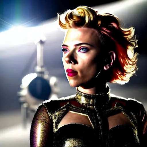 Prompt: scarlett johansson in a space age metallic steampunk steam - powered city with pipework and electrical wiring around the outside, professional photography, 8 0 mm telephoto lens, realistic, detailed, photorealistic, photojournalism