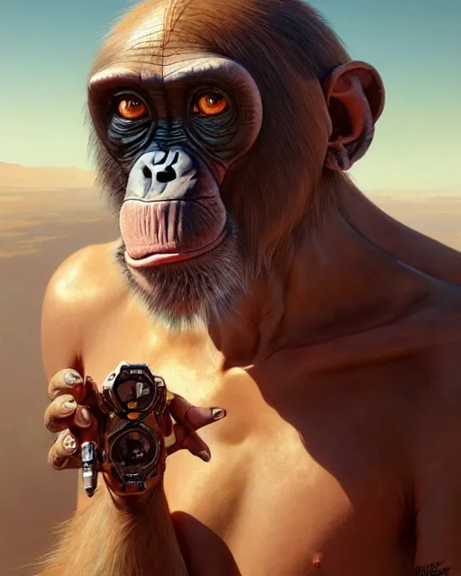 Image similar to chimpanzee cyborg on mars, real life skin, intricate, elegant, highly detailed, artstation, concept art, smooth, sharp focus, art by artgerm and greg rutkowski and alphonse mucha