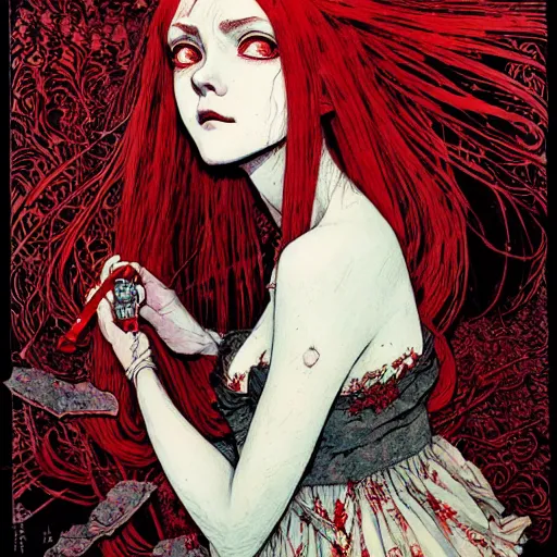 Prompt: prompt : portrait of a red haired vampire maid, painted in ian mcque style drawn by vania zouravliov and takato yamamoto, intricate acrylic gouache painting, high detail, sharp high detail