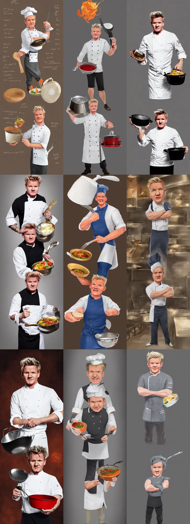 Gordon ramsay as a gnome wearing a large chef hat and using a frying pan as  a sword on Craiyon