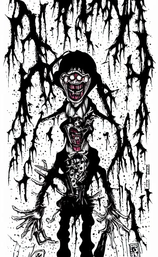 Image similar to full body portrait of villainous jester, dark, twisted, manga, comic, by junji ito. twisted. horror.