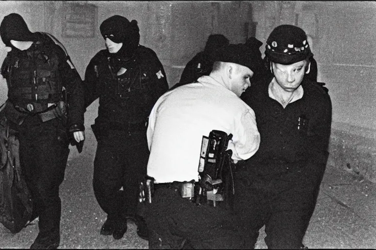 Image similar to photography of a hacker being arrested in amsterdam at night, frank miller, henri cartie bresson