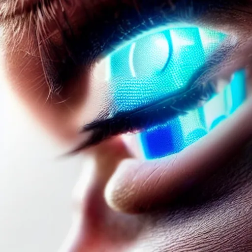 Prompt: close-up of a face with intricate detailed light-emitting OLED tatoos on the skin and contact lenses showing health information and vital sign visualizations, heart rate, ultra HD realistic wide focus 8k ultra soft light RTX on VFX octane render pixiv pinterest colorful more reflection