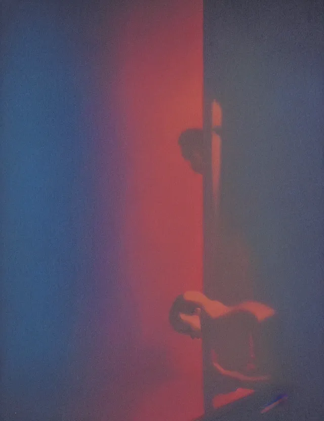 Image similar to boy in dark room praying, blue rays from tv, redshift, colour shift, wide shot, coloured polaroid photograph, pastel, kodak film, hyper real, stunning moody cinematography, by maripol, fallen angels by wong kar - wai, style of suspiria and neon demon, david hockney, detailed, oil on canvas