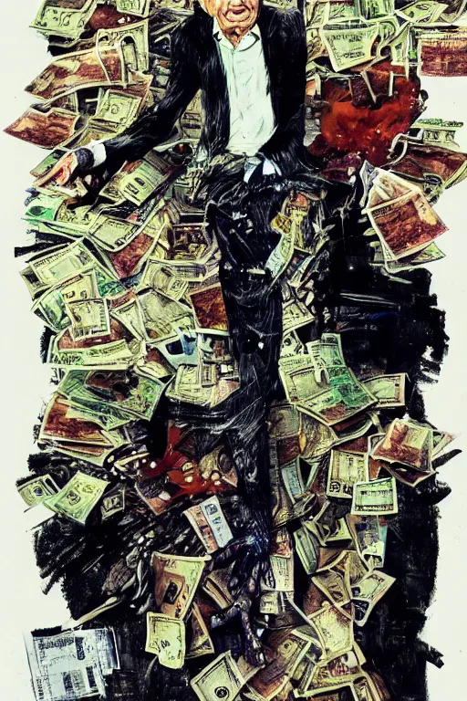 Image similar to George Soros full body shot, dollar bills Body horror, biopunk, by Ralph Steadman, Francis Bacon, Hunter S Thompson