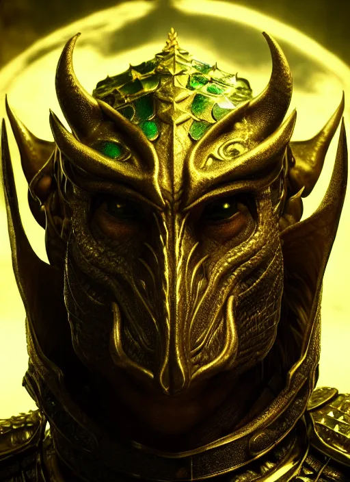 Image similar to portrait of a dragonborn hero, golden scales and green eyes, perfect facial symmetry + dim volumetric lighting, 8k octane beautifully detailed render, post-processing, extremely hyperdetailed, intricate, epic composition, grim yet sparkling atmosphere, cinematic lighting + masterpiece, trending on artstation