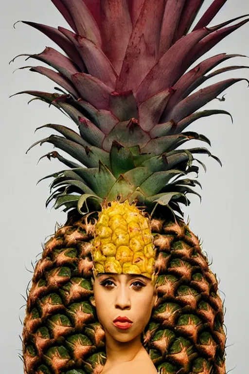 Image similar to doja cat as a pineapple, human face in the shape of a pineapple, professional food photography