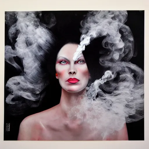 Image similar to full shot of a woman made from white smoke, hair made from black ink fluid in oil, style of roset conrad photo-realistic maximalist hyperrealism illustrated with gouache