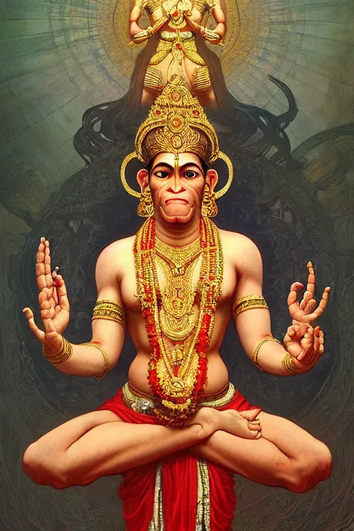 Image similar to a full body portrait of a beautiful ornated hanuman god, arms pointing up!!!, meditative sacral pose, hindu stages of meditation, intricate, elegant, highly detailed, digital painting, artstation, concept art, smooth, sharp focus, illustration, art by krenz cushart and artem demura and alphonse mucha