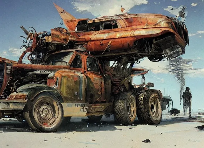 Prompt: ( ( ( ( ( garbage truck, car concept art, sci - fi illustration, painting ) ) ) ) ) by vincent di fate and john berkey and mad max fury road!!!!!!!