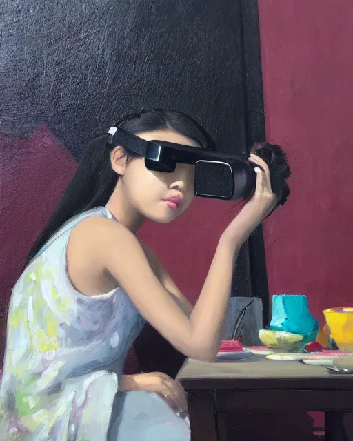 Image similar to a gen z teenage asian girl sitting at a small table, hand combing the hair, wearing vr googles, aged desaturated oil painting by mai trung thu