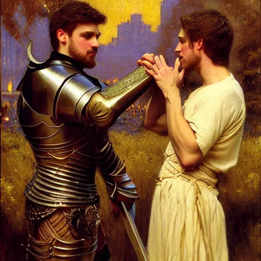 Image similar to attractive fully clothed arthur pendragon confesses his love for his attractive fully clothed male knight. highly detailed painting by gaston bussiere and j. c. leyendecker 8 k